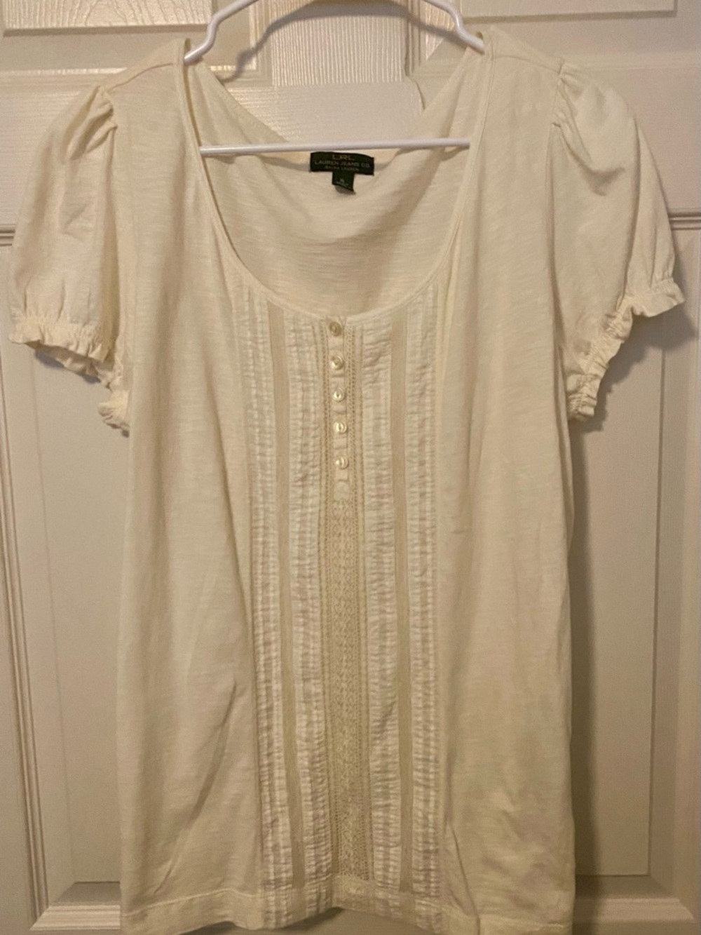 Ralph Lauren Cream Pintuck Lace-Trim Scoop Neck Top